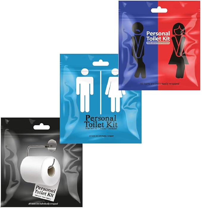 pH Advantage 3 x Personal Toilet Kit | Public Restroom Kit | Toilet Paper, Toilet Seat Cover, Butt Wipes, Cleansing Wipes (White Roll/Light Blue/Red Blue)