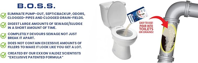 B.O.S.S. Septic Tank Treatment - 12.5oz Powder - 24 Drain or 5 Septic Doses - Patented Bacterial Enzyme - 100% Treats Odors Clogs Backups Pumpouts & Repairs - Works in All Septic Systems - Made in USA