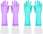 Elgood Reusable Long Dishwashing Cleaning Gloves with Latex Free, Long Cuff,Cotton Lining,Kitchen Gloves 2 Pairs,Purple+Blue Large