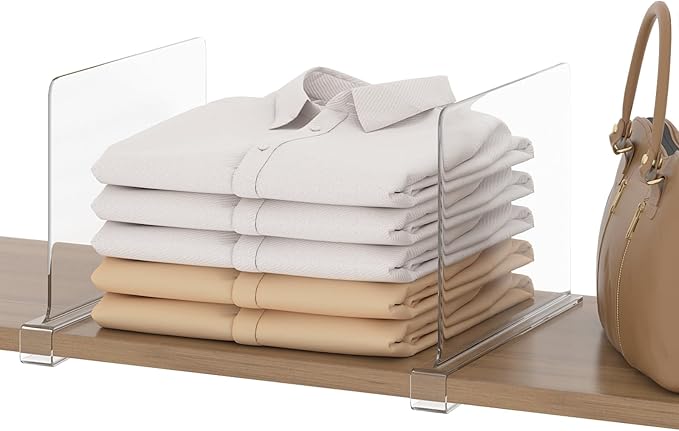 Clear Shelf Dividers for Closet Organization, Pack of 2, Acrylic Closet Dividers for Shelves, Purse Organizer, Handbag Organizer, Fits Clothes Bag Towel, for Bedroom Kitchen Bookshelf