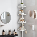 shuang qing 360° Rotating Corner Shower Caddy Tension Pole Organizer - 4-Tier Adjustable Rustproof Metal Pole, Plastic Shelves with Safety Guardrail, Bathroom Storage for Shower & Bathtub(White)