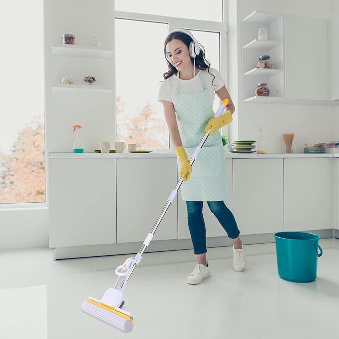 PVA Sponge Mops 60" Long Handle 15" Head with 2 Pads Sponge Mops for Floor Cleaning Squeeze with Wringer