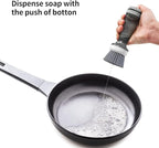 CQT Dish Brush with Soap Dispenser – One-Press Suds, Built-in Scrubbing Pad, Non-Slip Handle for Pots, Pans & Non-Stick Cookware – Includes 2 Refill Heads