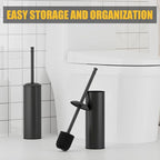 BESy Toilet Brush and Holder, Toilet Cleaner Bowl Set with Two Brush with Extra Long Handle, Durable Bristles Toilet Scrubber and Covered Holder, Drip-Proof Stainless Steel Matte Black