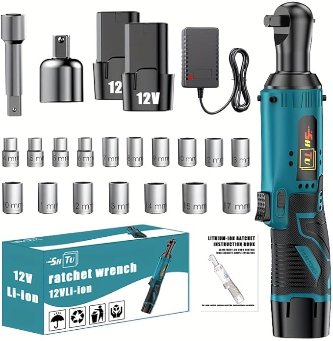 12V cordless ratchet kit, car repair screw and nut disassembly, with quick charger, suitable for home and car repair, is a holiday gift for men. (Battery * 2+multiple accessories)