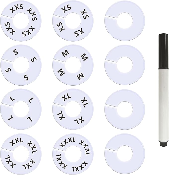 13 Pcs Clothing Rack Size Dividers Round White Plastic Size Markers for Clothing Rack Pre-Labeled (XXS-XXXL) & Blank Dividers & Erasable Pen for Closet, Retail Store, Wardrobe