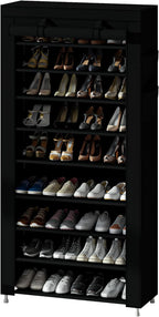 Calmootey 9 Tier Shoe Rack Organizer,Portable Shoe Shelf with Nonwoven Fabric Cover for Closet Hallway,Bedroom,Entryway,31.50x11.81x62.99inches,Black