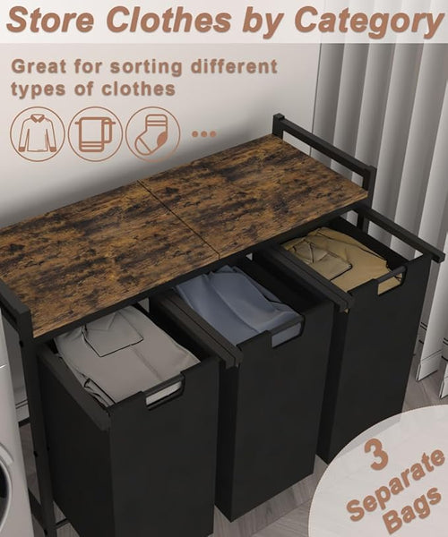 10 x 3 Gal Large Laundry Hamper with 3 Pull-Out & Removable Sorter Bags, Freestanding Clothes Basket Organizer for Clothing or Toys in Bathroom and Living Room, Rustic Brown and Black