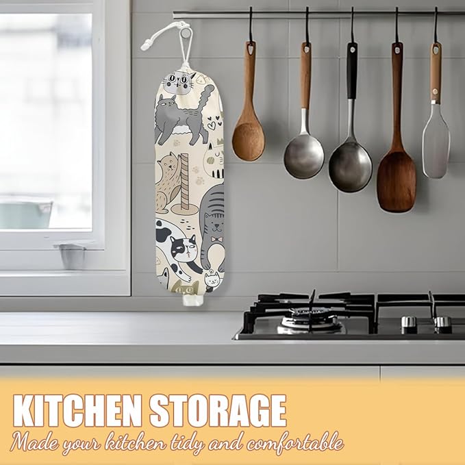 Cat Plastic Bag Holder, Wall Mount Grocery Bag Holder, Plastic Storage bag, Pull Rope Free Adjustment, Plastic Bag Holders for Grocery Bags, Plastic Bag Dispenser for Home Kitchen Travelling