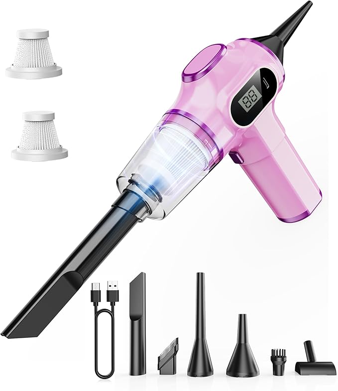 Pink Car Vacuum Cleaner,Portable Mini Cordless Small Handheld Vacuum Cleaner with LCD Display and Multi-Nozzles Powerful Hand Held Vacuums for Car,Pet Hair,Home,Office,Sofa,Keyboard