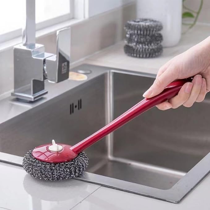 Steel Wool Brush Long Handle Stainless Steel Scrubbers Brush with Replacement Pad for Grill BBQ Pots Pans