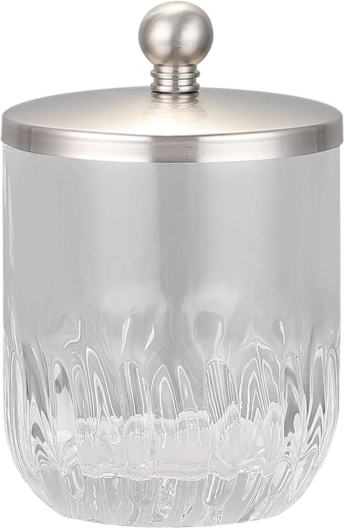 Glass Jar with Metal Lid for Bathroom Organization, Clear Apothecary Jar for Cotton Balls, Q Tips, and Small Accessories, Stylish Bathroom Storage Container Nickel