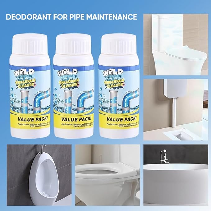 Saker Wild Sink and Drain Cleaner Powder | Rapid-Foam Fast-Acting Pipe Declogger for Kitchen, Bathroom, Toilet, Shower Drain Maintenance (3 PCS (3.88oz*3))