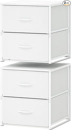 2 Pack Stackable Storage Closet Drawers, White Closet Organizers and Storage, Small Drawers for Closet with Wooden Top & Metal Frame, 2 Tier Modern Short Dresser for Bedroom,Dorm,Living Room, Office