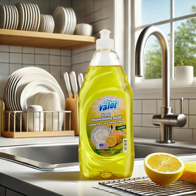 Valor Dishwashing Liquid, 25 fl oz – Dish Soap for Kitchen & Bathroom, Grease-Fighting, Gentle on Hands, Fast Rinse, Eco-Friendly Biodegradable Formula (25.5 oz (Pack of 6), Lemon)
