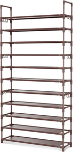 LANTEFUL 11 Tiers Tall Shoe Rack Holds 55 Pairs of Shoes with 18pcs Hooks Sturdy Wide Shoe Organizer Storage Free Standing Metal Shoe Shelf for Closet, Entryway Brown