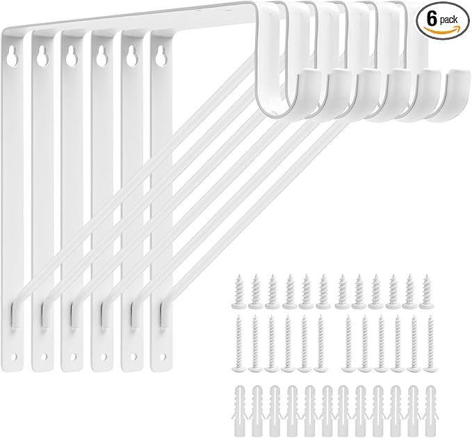 Heavy Duty Closet Rod Bracket 11x11 Inch, 6-Pack White Steel Closet Shelf Brackets,Wall Mount Closet Rod Support Bracket with Screws,Supports 300 lbs