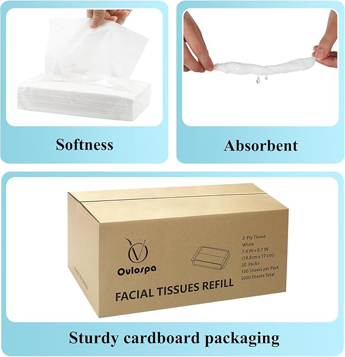 Facial Tissue Refill - 30 Packs, 100 Per Pack, 3000 Total for Tissue Box Holder. Soft Tissues Bulk for Home Office Car Restaurant Hotel