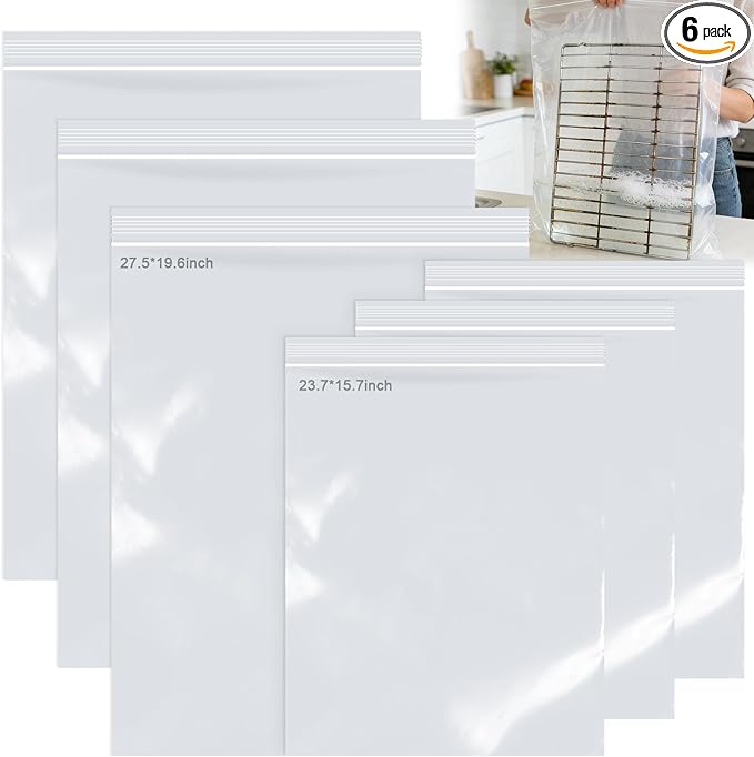 6 Pack Oven Rack Cleaning Bags(No Cleaner Included), Heavy Duty Reusable Leak-Resistant PE Bags for Deep Soaking Grill Grates and BBQ Racks(three 19.6 * 27.5 inch and three 15.7-23.7inch)