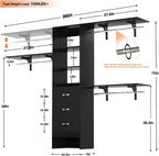 iSunirm 8FT Closet System, 96'' Closet Organizer System with 3 Hanging Rods, Wall Mount Bedroom Wardrobe with 3 Drawers Walk-in Closet, Adjustable Cloth Garment Rack from 5 to 8FT (Cut to Fit), Black