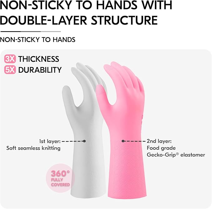 Vgo... Household Cleaning Gloves,Double-layer,Lined Dishwashing Gloves,Long Sleeves for Kitchen,Bathroom Cleaning(TP1117)