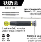 Klein Tools 32581 4-in-1 Electronics Screwdriver Set with 2 Slotted, 2 Phillips Precision Machined Bits, Ideal for Terminal Blocks