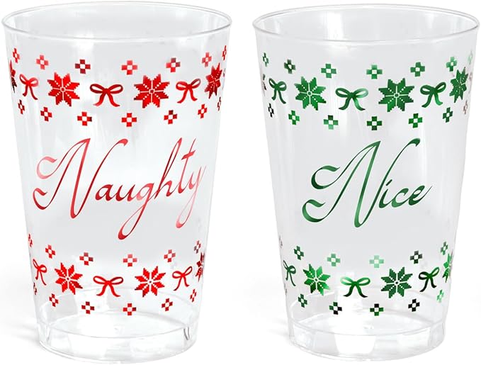 xo, Fetti Naughty + Nice Plastic Cups | 30 pcs 12 oz | Red Christmas Drinkware, Green Xmas Decorations, Clear Holiday Party Drinks, Friedsmas