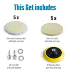 LINE10 Tools 5-Inch Wool Polishing Kit for Drill or Angle Grinder or Orbital, Includes 5 Hard Felt, 5 Soft Wool Buffing Pads with Hook and Loop, Drill Adapter Attachment, Small Car Buffer Auto Glass