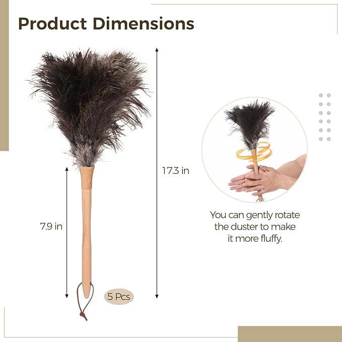 5 Pcs Bird Feather Dusters, Fluffy Feathers with Wooden Handle, Washable & Reusable Cleaning Supplies, Natural Non-Static Dusting for Home, Office, Car, 17.3" Long