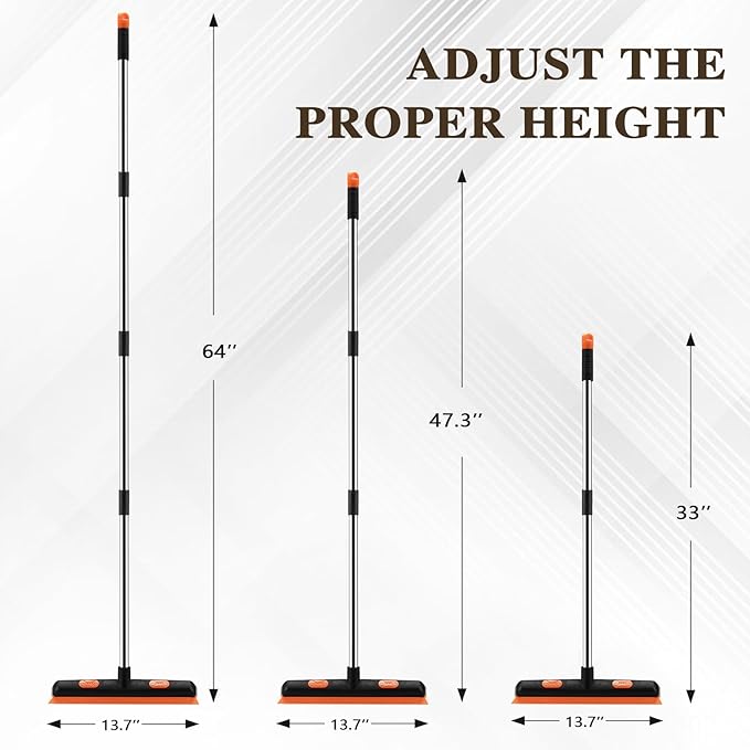 2 in 1 Rubber Broom with 33-64" Long Handle，Fur Remover Broom with 33-64" Long Handle, Pet Hair Broom with Squeegee for Carpet, Hardwood Floor, Tile- Black Orange