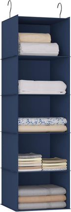 Hanging Closet Organizer and Storage 5-Shelf, Easy Mount Foldable Hanging Closet Wardrobe Storage Shelves, Clothes Handbag Shoes Accessories Storage, Washable Oxford Cloth Fabric, Navy Blue