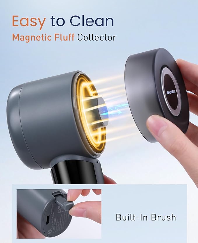 BEAUTURAL Fabric Shaver and Lint Remover, Rechargeable Electric Sweater Shaver with 3 Speeds, 6 Leaf Blades and LED Display, Portable Pilling Remover for Clothes, Furniture, Blankets