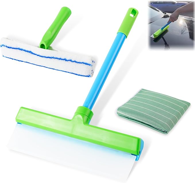 Alisanda Recyclable Silicone Window Squeegee Kit, Window Cleaning Kit, Multifunctional Window Squeegee, Glass Cleaning Tools with Silicone Squeegee & Microfiber Scrubber (Green)