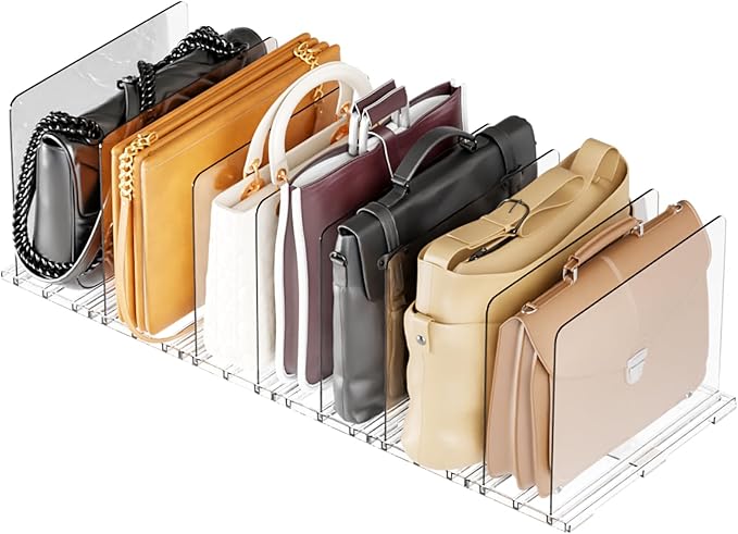 Yieach Clear Acrylic Shelf Dividers for Closet Organization,8 Pack Adjustable Bags,Clutch,Purse Organizer and Storage,Handbag Organizer for Closets,Purse Divider,8.8″ Tall Sweater,Tshirt,Towel Divider