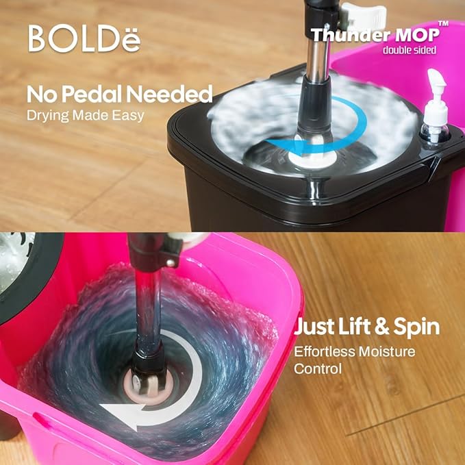 Thunder Mop Spin System - Double-Sided - 2 Compact Stackable 6L Buckets, Microfiber Head, Stainless Steel Wringer, Antifungal Quick-Dry Cleaning, Soap Dispenser, 3 Free Refills (Black/Pink)