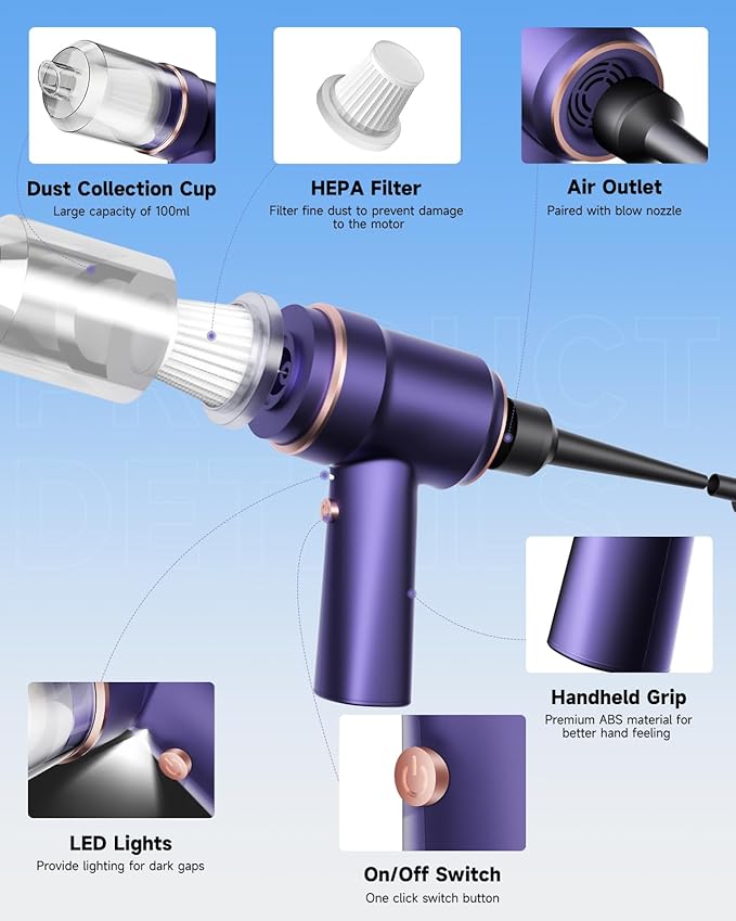 Mini Vacuum Cleaner Cordless with LED Light | 15000 Pa Hand Vacuum Cordless Rechargeable - Portable 3-in-1 Powerful Car Vacuums with Multi-Nozzles for Car, Home, Pet Hair, Blue