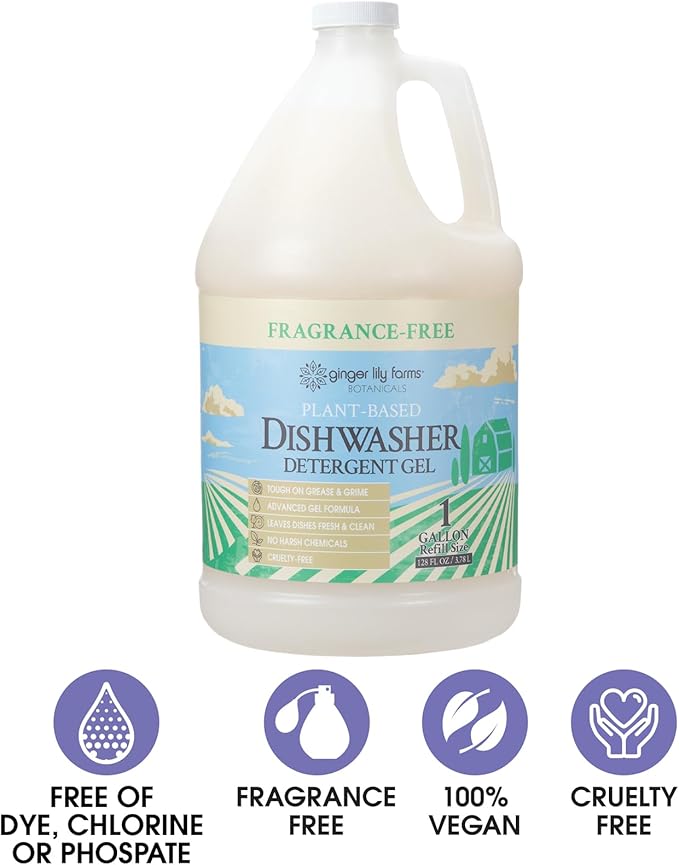 Ginger Lily Farms Botanicals Plant-Based Dishwasher Detergent Gel, 100% Vegan & Cruelty-Free, Fragrance-Free, 1 Gallon Refill (Pack of 4)