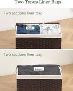 Storage Basket with Lid Rattan Storage Basket with 2 Separate Lid, 27.8 Gallon (105 L) 25.2 * 15.4 * 16.1 Inches Woven Wicker Baskets with 2 Liners and Handles for Bedroom Laundry-Brown