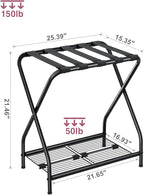 1-Piece Foldable Black Luggage Rack Stand with Storage Shelf – Heavy Duty Metal Suitcase Holder, 150 lbs Top, 50 lbs Bottom, Fits 20”-28” Luggage – Guest Room, Bedroom, Hotel LR-BK-1