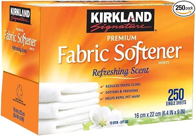 Kirkland Signature Fabric Softener Sheets, Premium Ultra Soft, Fresh Scent, 250 Sheets, White