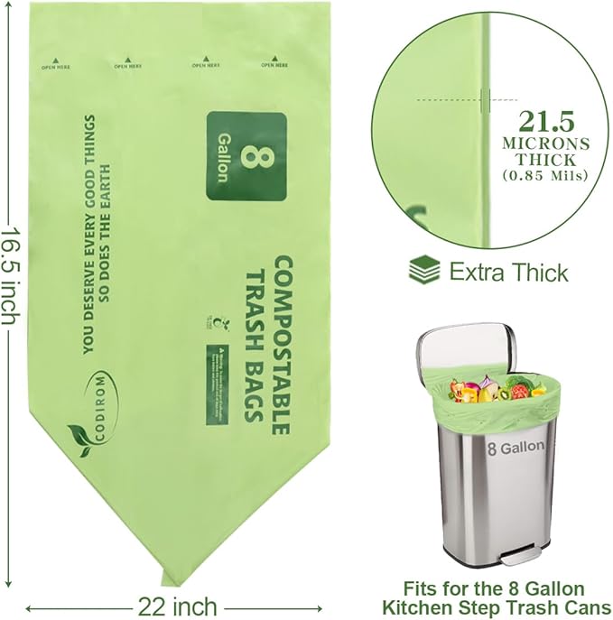 100% Compostable Trash Bags, 8 Gallon, 30 Liter, 0.85 Mils, 70 Count Large Kitchen Food Scrap Compost Bags for Kitchen Step Trash Cans with Europe EN13432 Certified