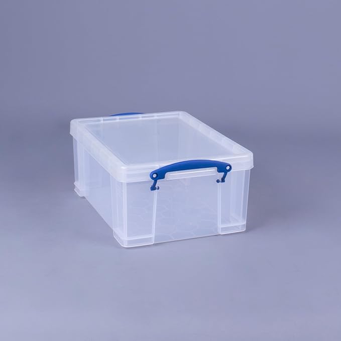 Really Useful Box Stackable 9 Liter Plastic Storage Container Bin with Snap Lid and Built-In Clip Lock Handles for Home & Office Organization (4 Pack)