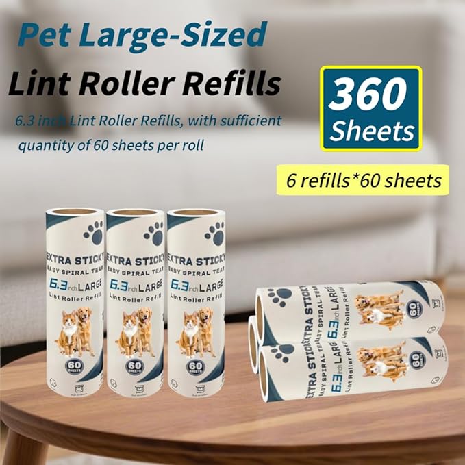 Large Lint Roller Refills for Pet Hair 6.3 Inch 360 Sheets Extra Sticky Fluff Roller Supplement for Cat and Dog Hair Removal Clothes Carpet Couch Floor Remove dust
