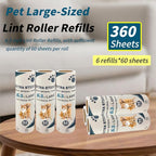 Large Lint Roller Refills for Pet Hair 6.3 Inch 360 Sheets Extra Sticky Fluff Roller Supplement for Cat and Dog Hair Removal Clothes Carpet Couch Floor Remove dust