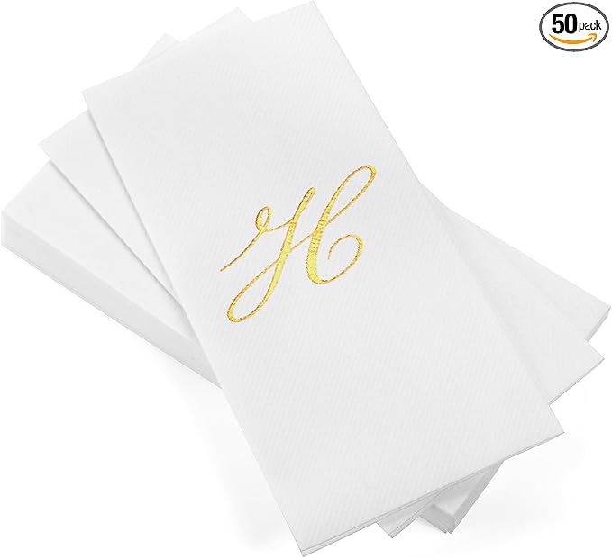 AH AMERICAN HOMESTEAD Disposable Hand Towels for Bathroom 50 Count - Guest Bathroom Essentials -Bathroom Paper Towels - Monogrammed Disposable Napkins - Wedding Napkins in Paper Towel Tray (Gold, H)