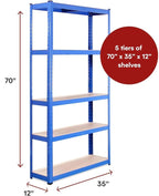 Garage Shelving Units - 71" H x 35" L x 12" W - Heavy Duty Racking - Shelves for Storage -1 Bay - Blue - 5 Tier - 2000LB Capacity (400LB Per Shelf) - Workshop, Shed, Office - 5 Year Warranty