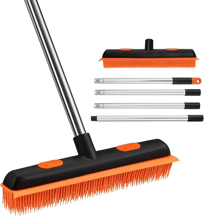 2 in 1 Rubber Broom with 33-64" Long Handle，Fur Remover Broom with 33-64" Long Handle, Pet Hair Broom with Squeegee for Carpet, Hardwood Floor, Tile- Black Orange