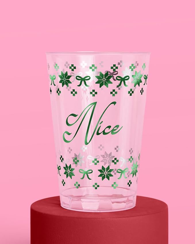 xo, Fetti Naughty + Nice Plastic Cups | 30 pcs 12 oz | Red Christmas Drinkware, Green Xmas Decorations, Clear Holiday Party Drinks, Friedsmas