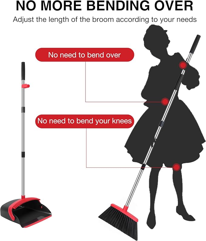 NACENA Broom and Dustpan Set, 52-in Long Adjustable Handle Broom Dustpan Combo with Dustpan Teeth to Automatically Clean Hair Suitable for Home Kitchen Office Hall Floor (Black&Red), 4 Pack