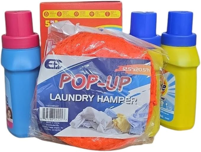 Dorm Room loundry kit, 12 Loads of Laundry Detergent, Fabric Softener, Dryer Sheets & Bonus Hamper